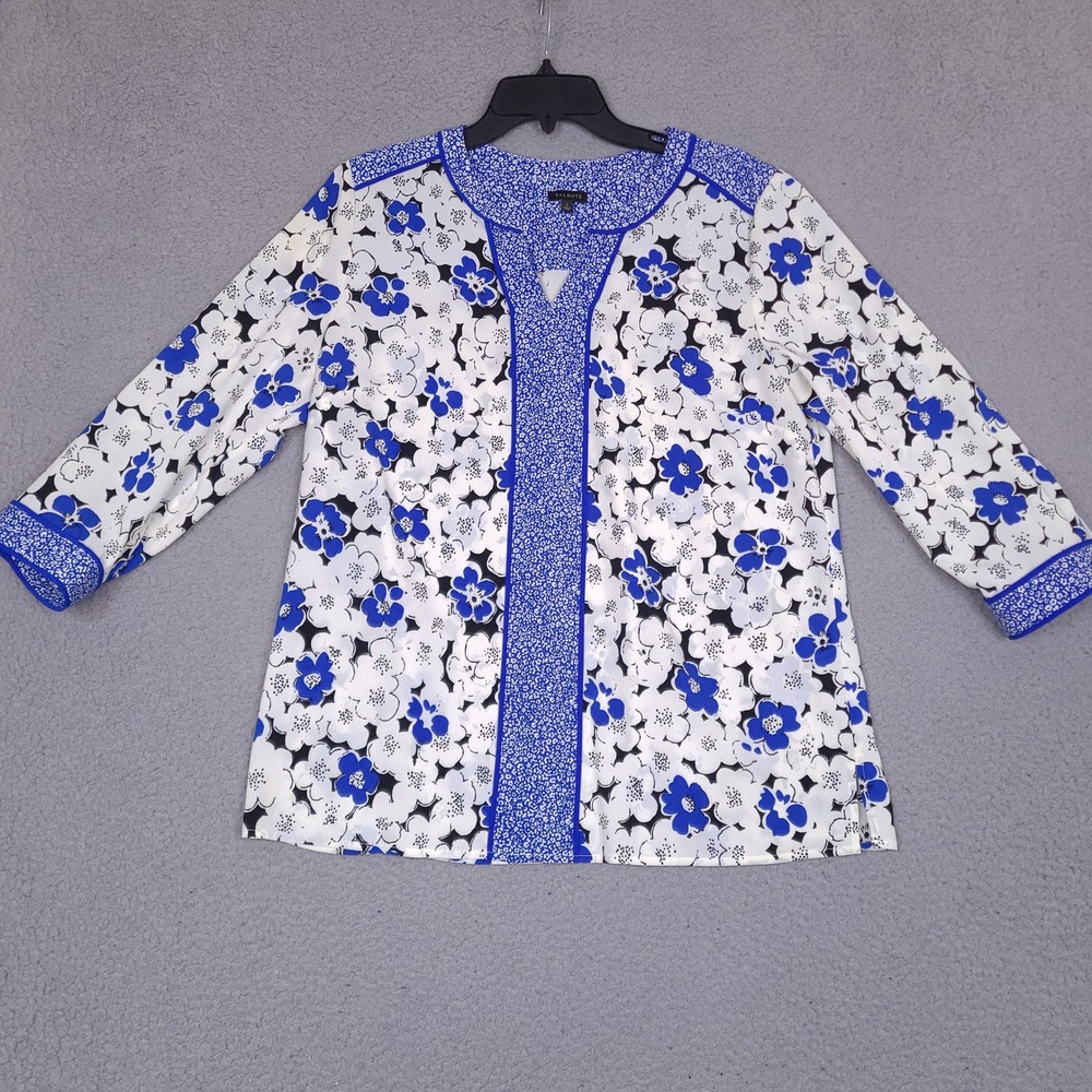 Talbots Tunic Shirt Womens Large Blue White Floral 3/4 Sleeve Cotton Boho Top